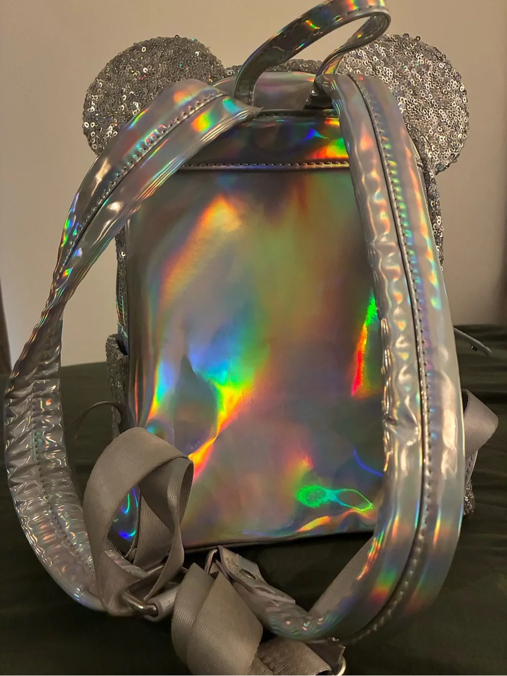 Disney Loungefly Silver Sequin Mini Backpack with Holographic Bow